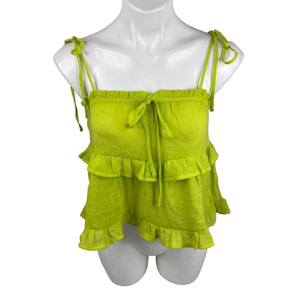 Timing Women Small Ruffle Top Spaghetti Tie Strap Green Casual